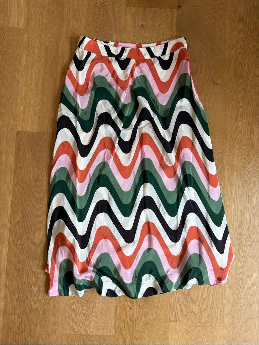 FARM Rio Wavy Stripe Midi Skirt in Green, Coral & Pink